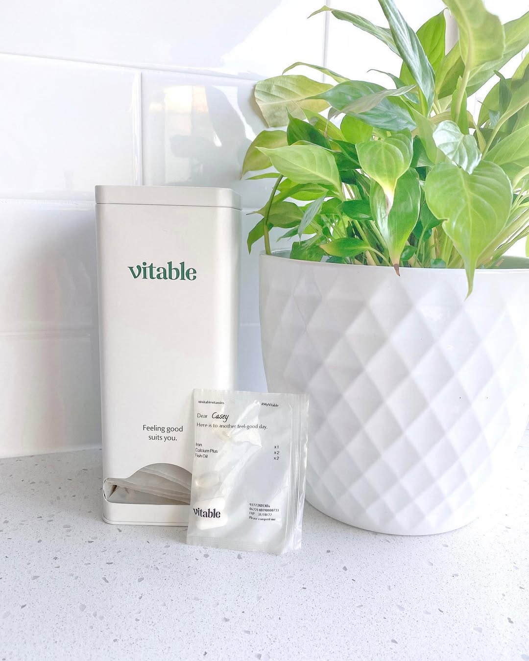 Instagram post by @the.sloan.family for Vitable. Caption reads: Tired of bulky vitamin bottles on your counter?....