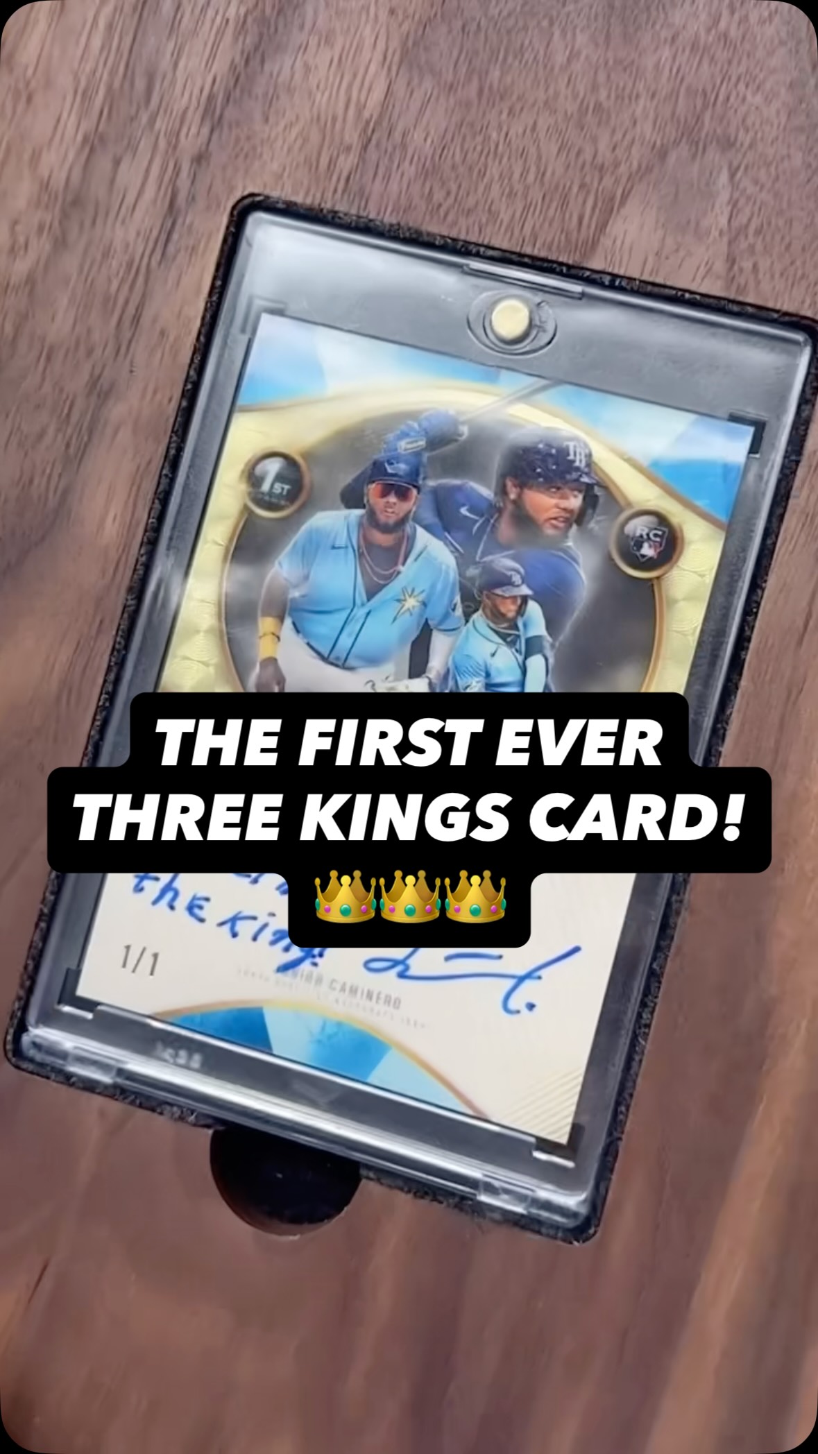 Instagram post by @caminero for Topps. Caption reads: Junior Caminero surprised @kernscards with the....