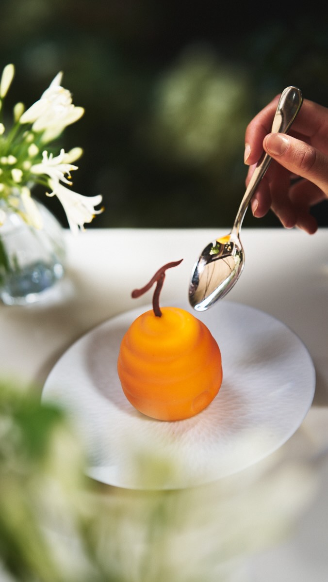 Instagram post by @julien.dugourd for Mandarin Oriental. Caption reads: Discover our new dessert crafted by our expert....