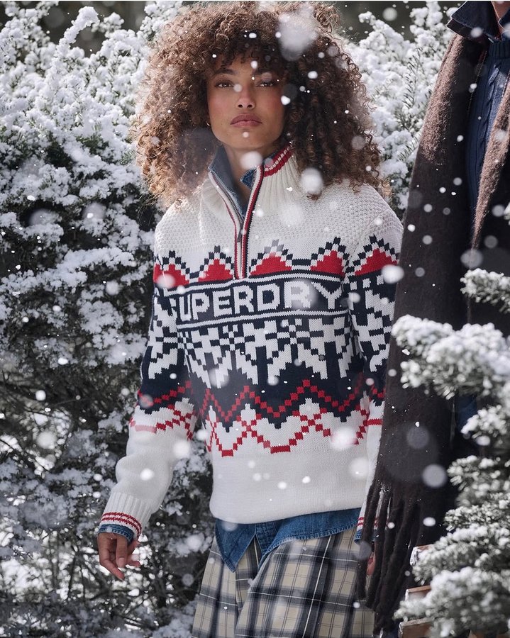 Instagram post by @aliana.king for Superdry. Caption reads: @superdry holiday campaign + some bts of the warm....