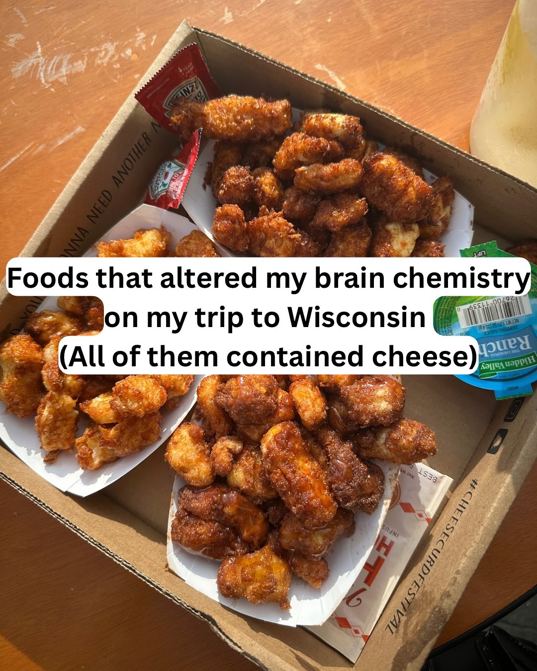 Instagram post by @cheezytalkwithmadelyn for Travel Wisconsin. Caption reads: Foods that altered my brain chemistry in....
