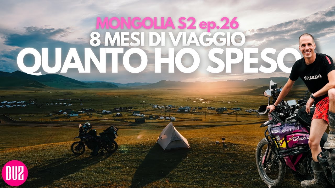 YouTube post by @BuzYoutube for Fiscozen. Caption reads: THE TRUE COST of an 8-MONTH MOTORCYCLE ADVENTURE....