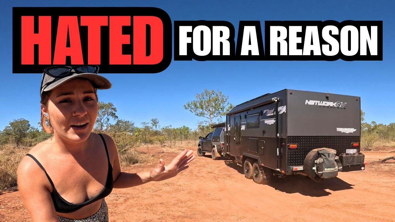 YouTube post by @CaravanAdventureAus for The Collagen. Caption reads: CARAVANNERS CAUSING CHAOS.. in the NT | Bush Camp....