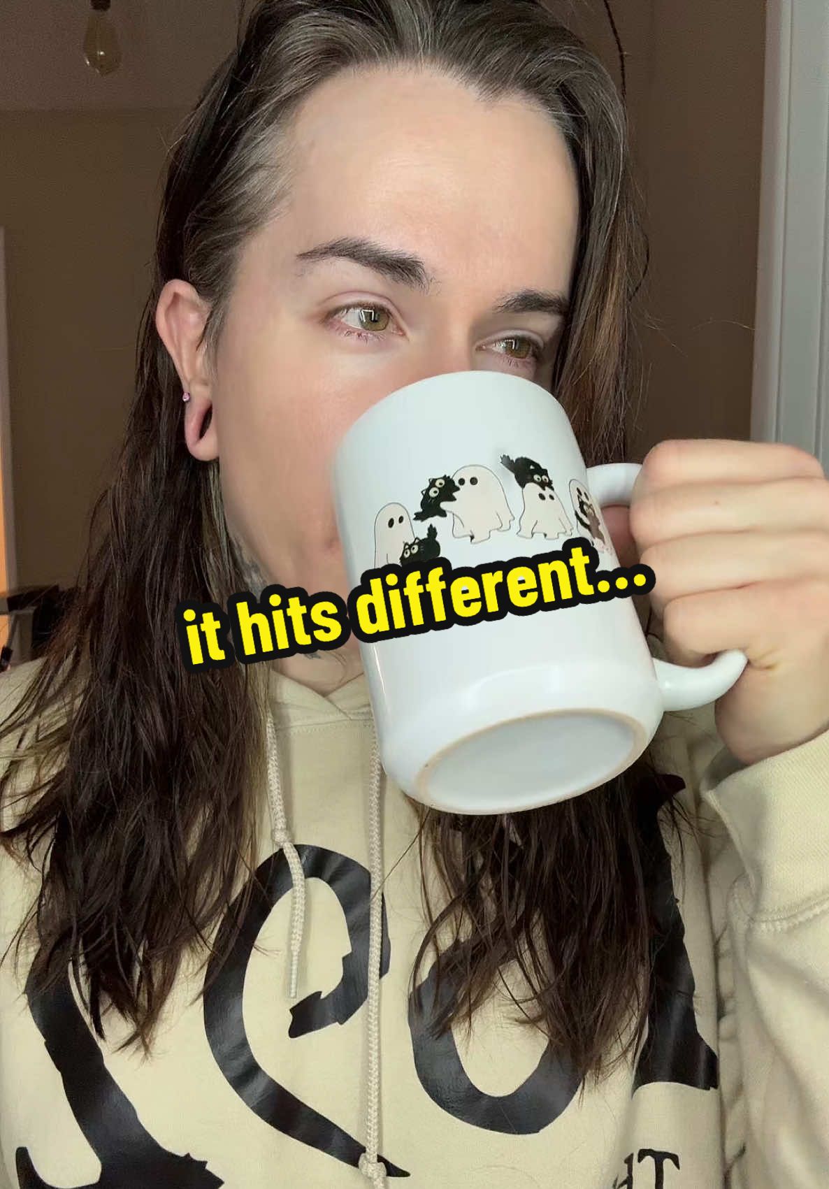 TikTok post by @beautyintheblasphemy for LookHUMAN. Caption reads: it hits different… @LookHUMAN #coffeetiktok....