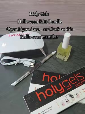 TikTok post by @misskh302 for Holy Gels. Caption reads: [...] Halloween nails in every single shade @Holy....
