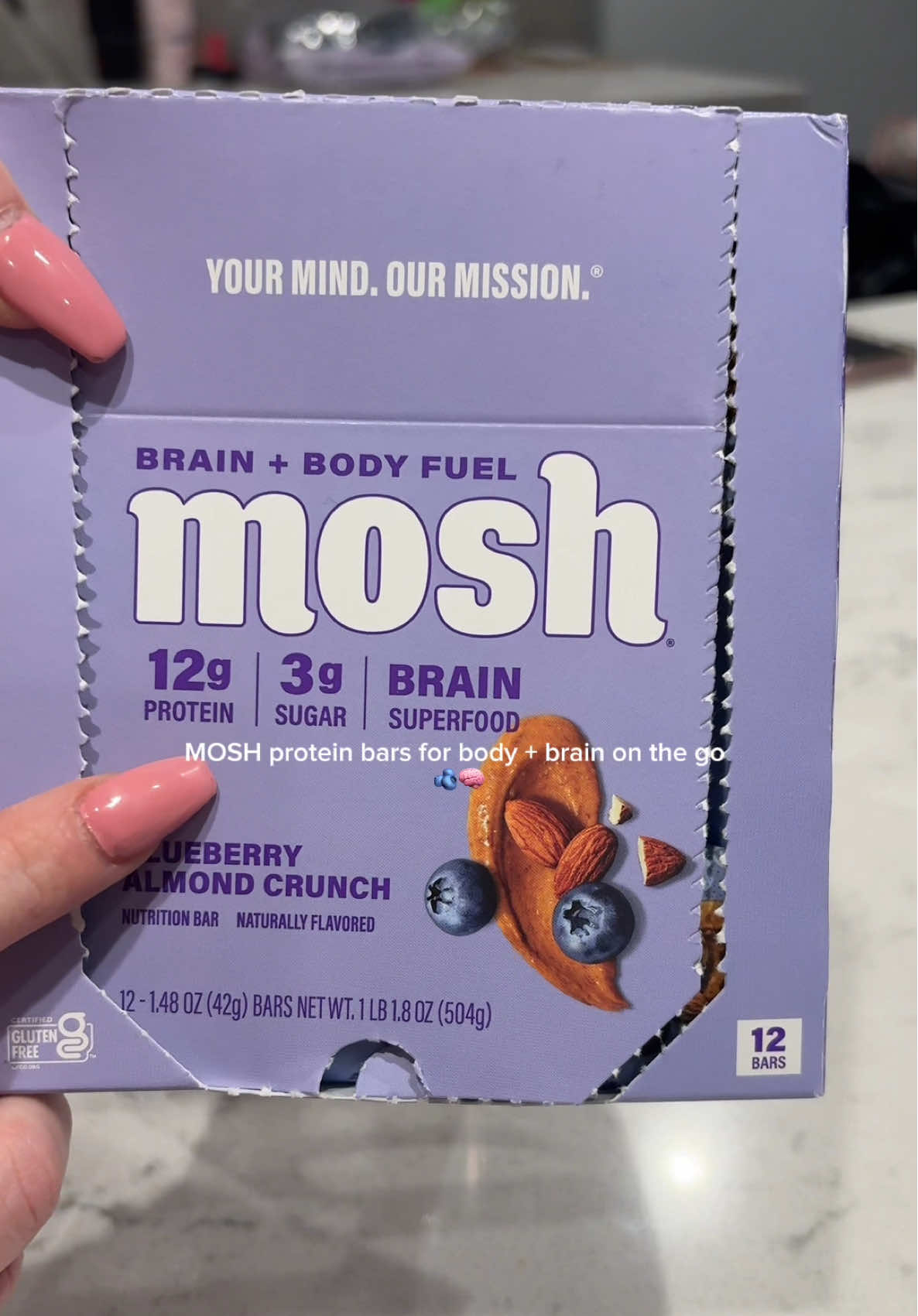 TikTok post by @xo_aprilkstarman for MOSH. Caption reads: Brain + body fuel ✨ @Mosh #proteinbar....