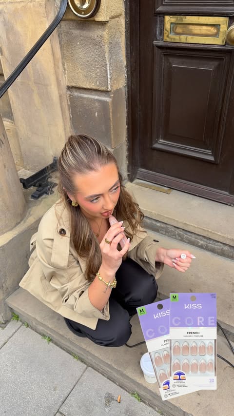Instagram post by @jasmineclough for Kiss Products. Caption reads: [...] MORE nails, BETTER fit 🤍 Shop now!....