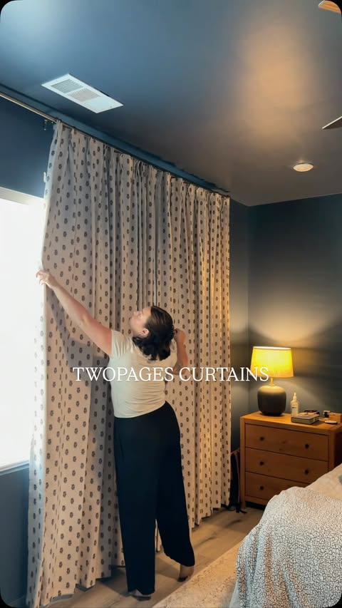 Instagram post by @allymparker for TWOPAGES. Caption reads: [...] the curtains upleveled this room!!! 🥹....