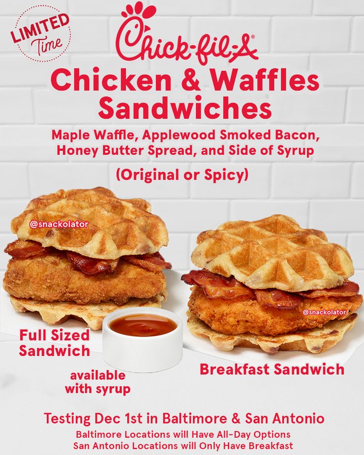 Instagram post by @snackolator for Chick-fil-A. Caption reads: Chicken & Waffles at Chick-fil-A is a dream item....