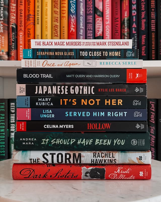 Instagram post by @clairevoyantbooks for Atria Books. Caption reads: Book stack featuring some exciting book mail....