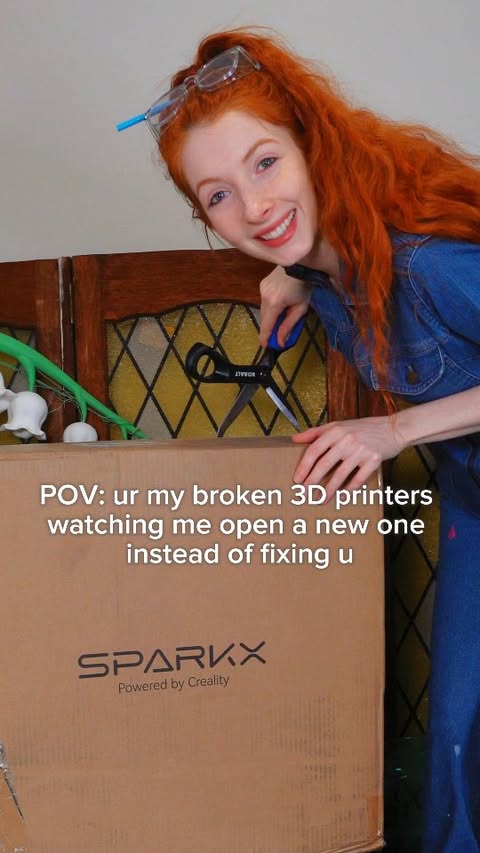 Instagram post by @evettesniche for Creality. Caption reads: [...] I'll fix u soon ❤️‍🩹🫣 #Sparkxi7 from....