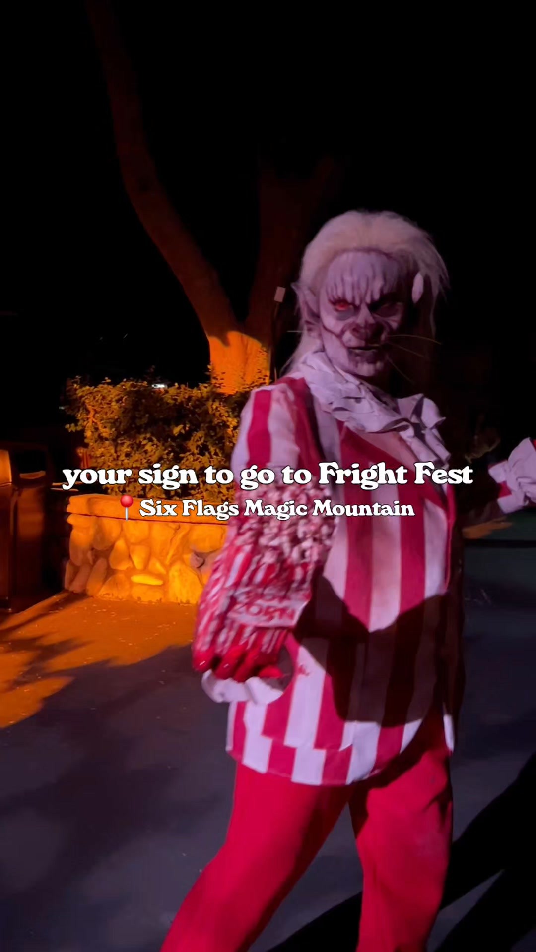 Instagram post by @visitsantaclaritaca for Six Flags. Caption reads: Warning: screams ahead 😱 Fright Fest....