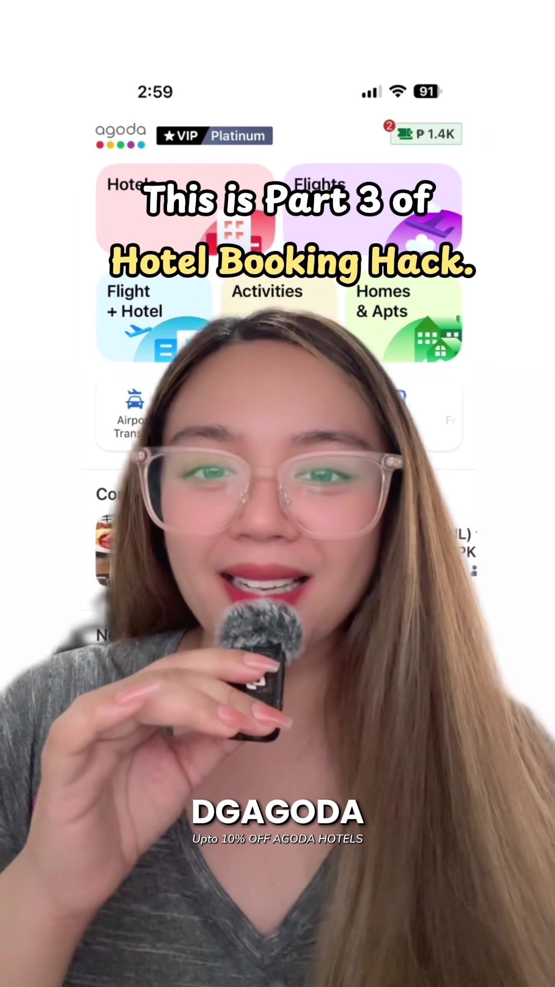 TikTok post by @dgtraveldiaries for agoda. Caption reads: [...] reminder for anyone booking hotels on Agoda:....