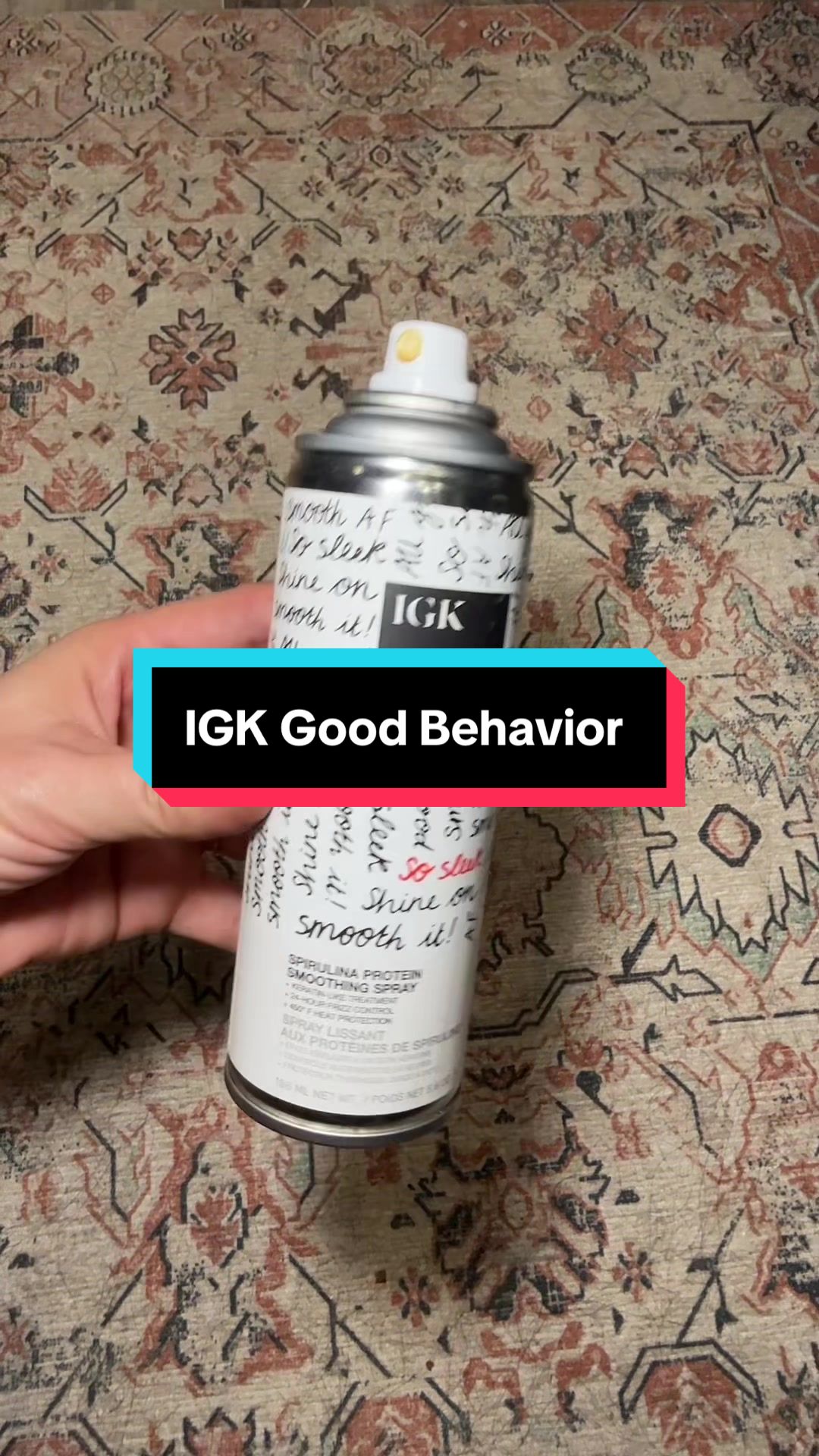 TikTok post by @hairbykariella for IGK Hair. Caption reads: @IGK Hair Good Behavior Protein [...].