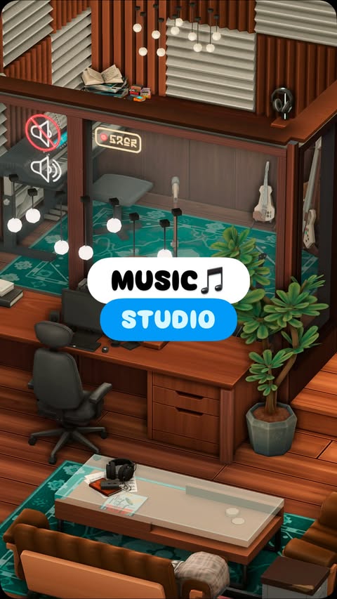 Instagram post by @darikosims for The Sims. Caption reads: [...] 🎵🎤I build a Music Recording Studio in....