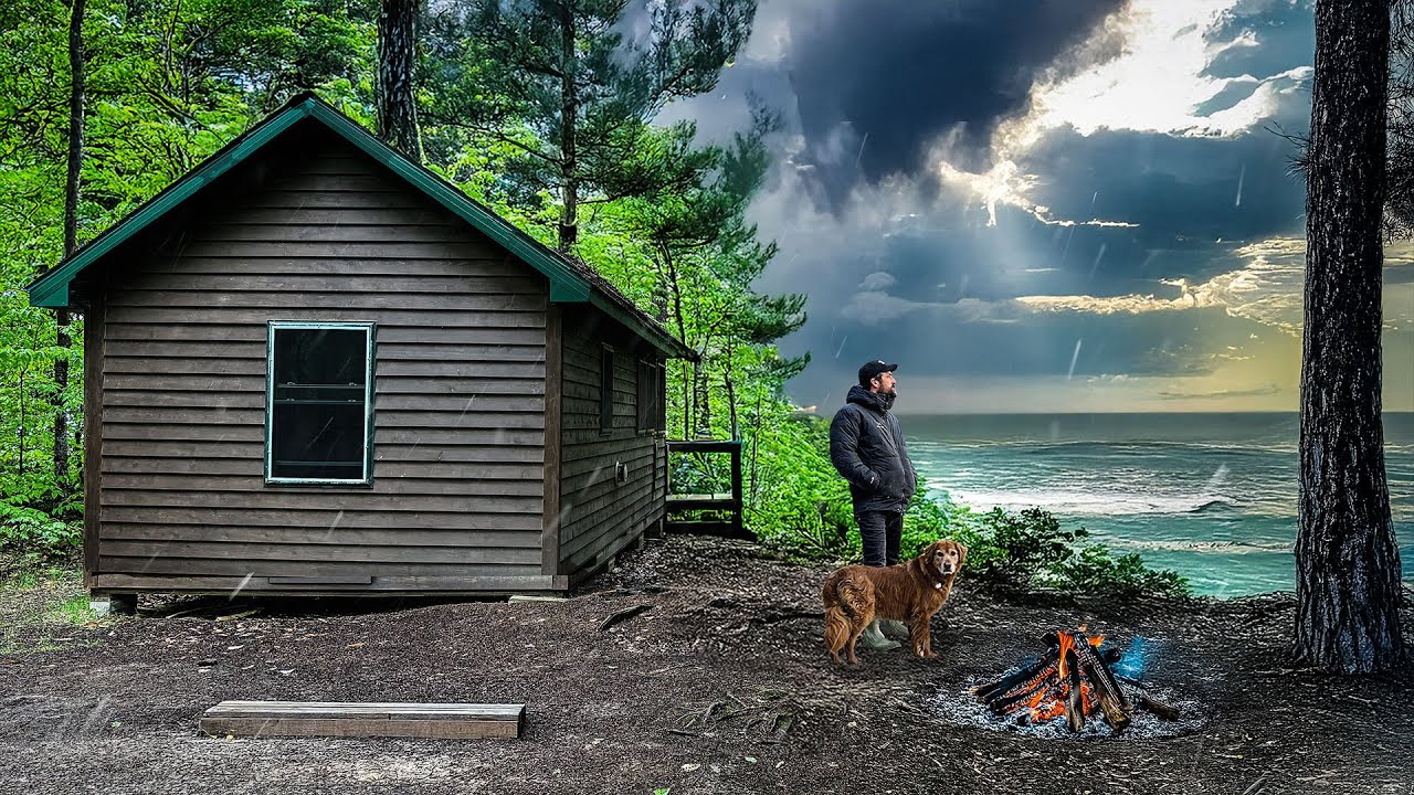 YouTube post by @TinyCabinLife for AnkerMake. Caption reads: Surviving Thunderstorms & Bears at Remote Island....