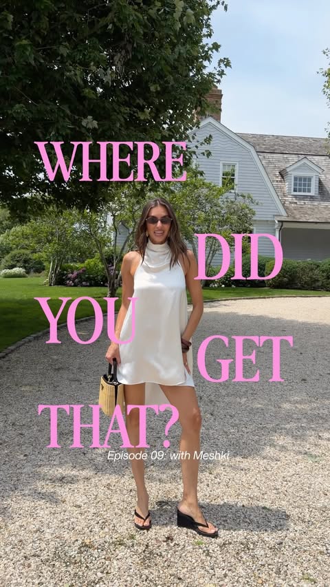 Instagram post by @christinaelezaj for MESHKI. Caption reads: [...] silky, flowy dress for the hamptons @meshki.