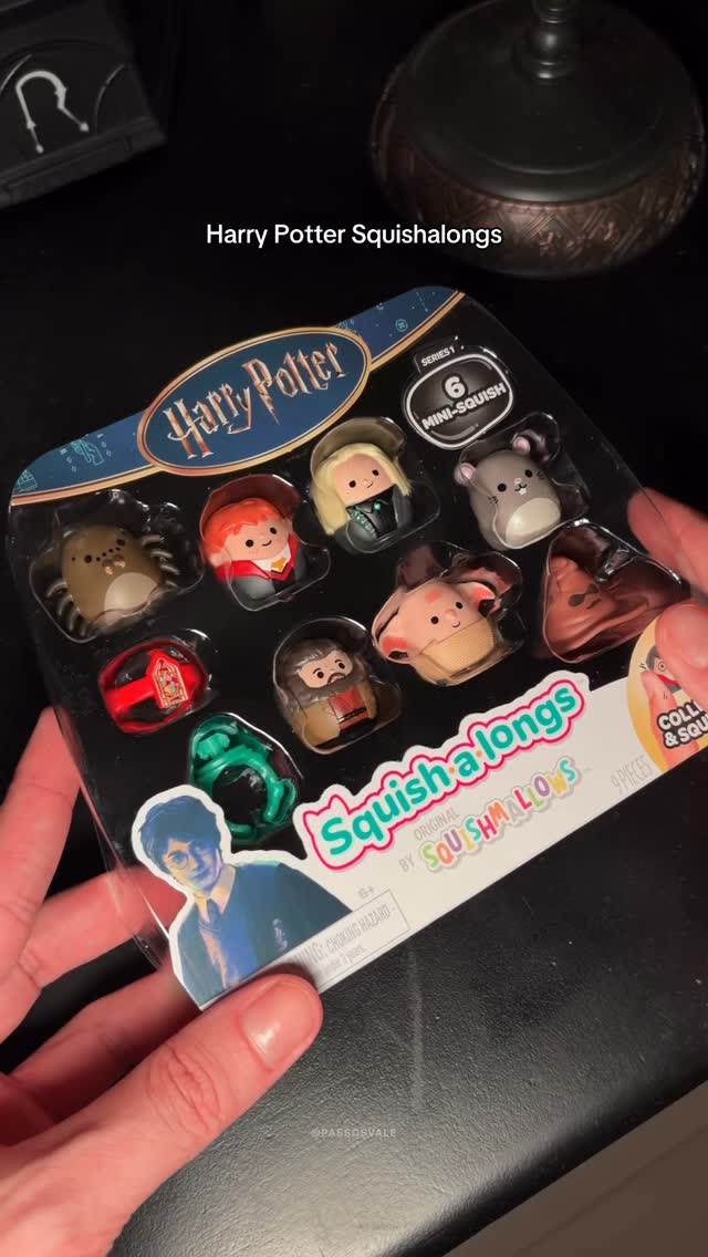 Instagram post by @passosvale for Squishmallows. Caption reads: HARRY POTTER SQUISHALONGS 😍 ID mercado livre....