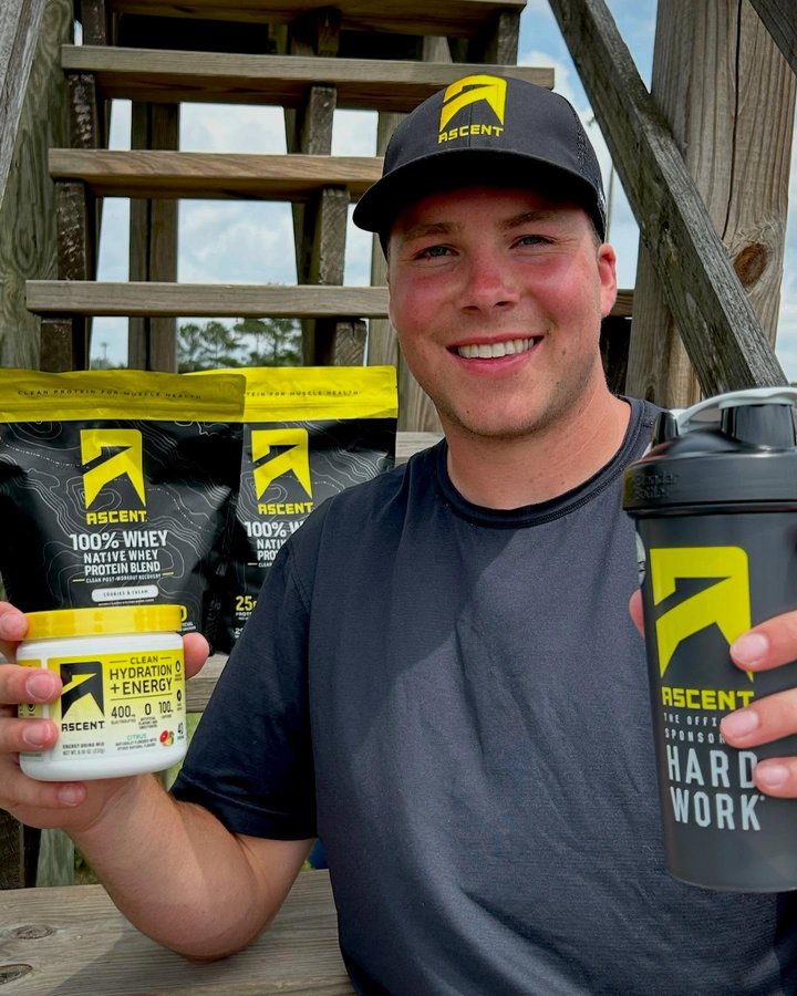 Instagram post by @riley.jleonard for Ascent Protein. Caption reads: Wherever my journey takes me, the work will never....