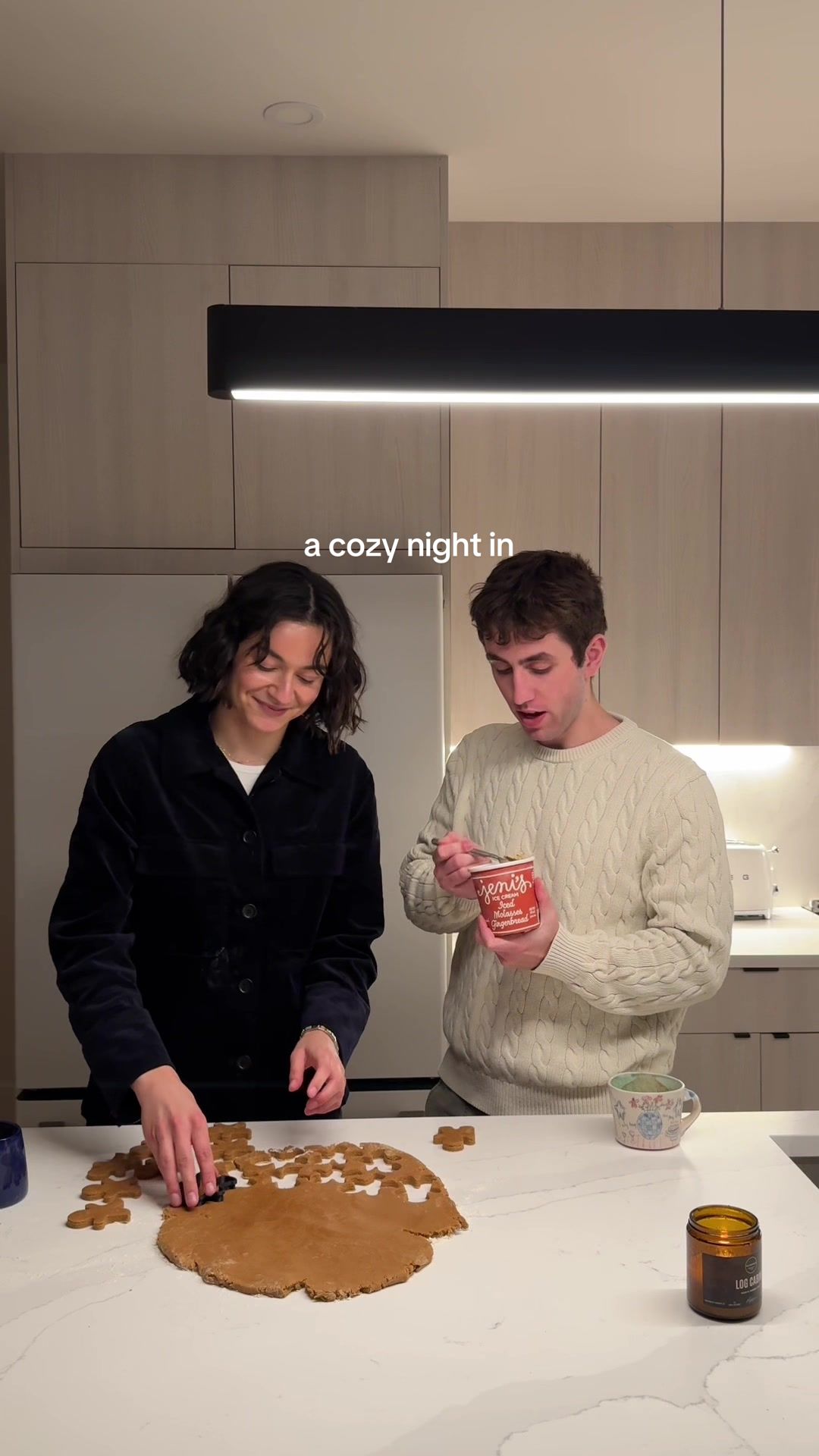 TikTok post by @urgirlvic for Jeni's Splendid Ice Creams. Caption reads: a cozy festive night in with @Jeni’s Splendid Ice....