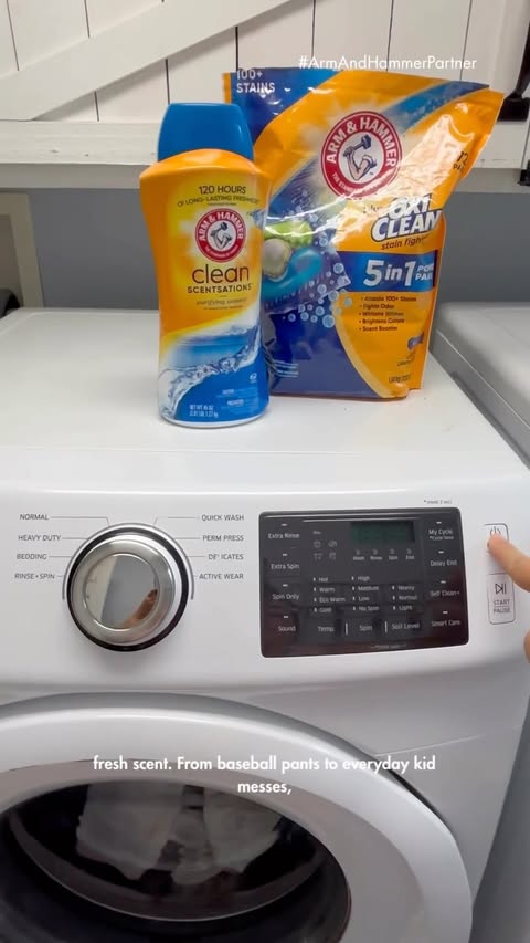 Instagram post by @mrsgreaux for Arm & Hammer. Caption reads: [...] impossible. My laundry MVP lately is Arm &....