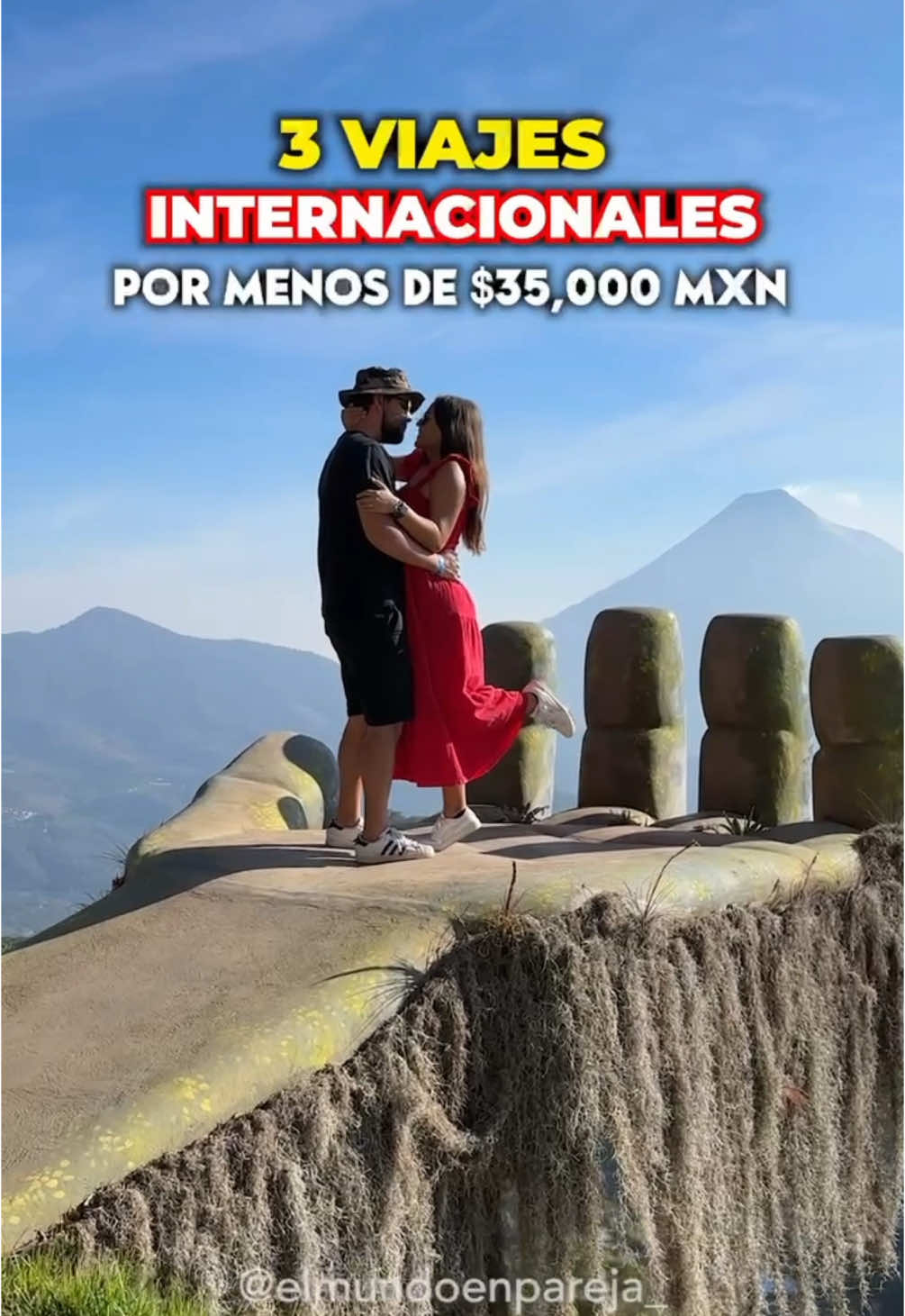 TikTok post by @elmundoenpareja for Skyscanner. Caption reads: #ad 3 Viajes Internacionales en Pareja por menos....