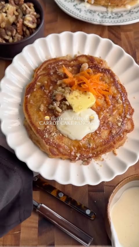 Instagram post by @moribyan for California Walnuts. Caption reads: 🥞🥕Carrot Cake Pancakes with maple vanilla bean....