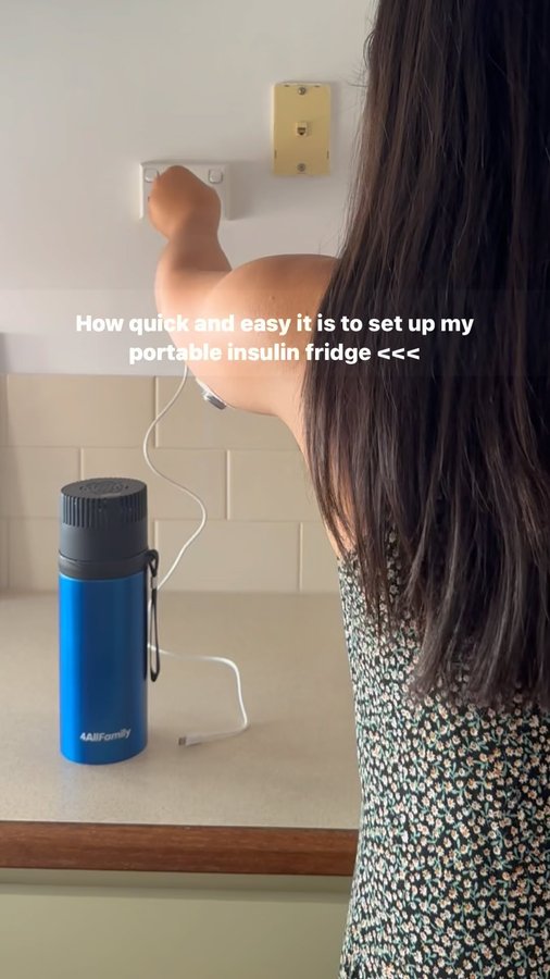 Instagram post by @emilysdiabetes for 4allfamily. Caption reads: [...] at a safe temp, no stress required 😎....