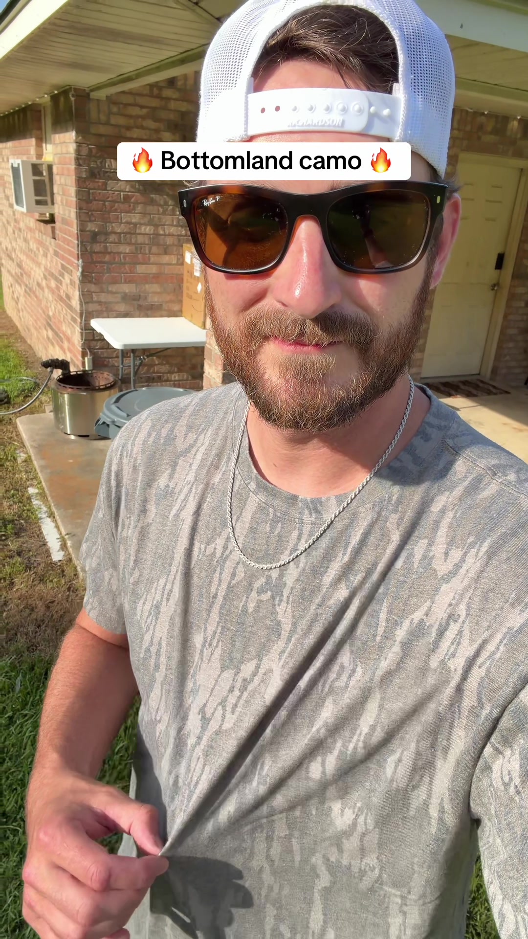 TikTok post by @jake.finds for The Mad Hatter Company. Caption reads: Love these bottomland camo tees @The Mad Hatter....