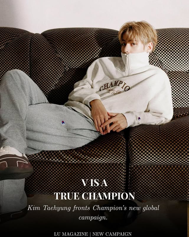 Instagram post by @lullumag for Champion. Caption reads: V IS A “TRUE CHAMPION” V of BTS is stepping into a....