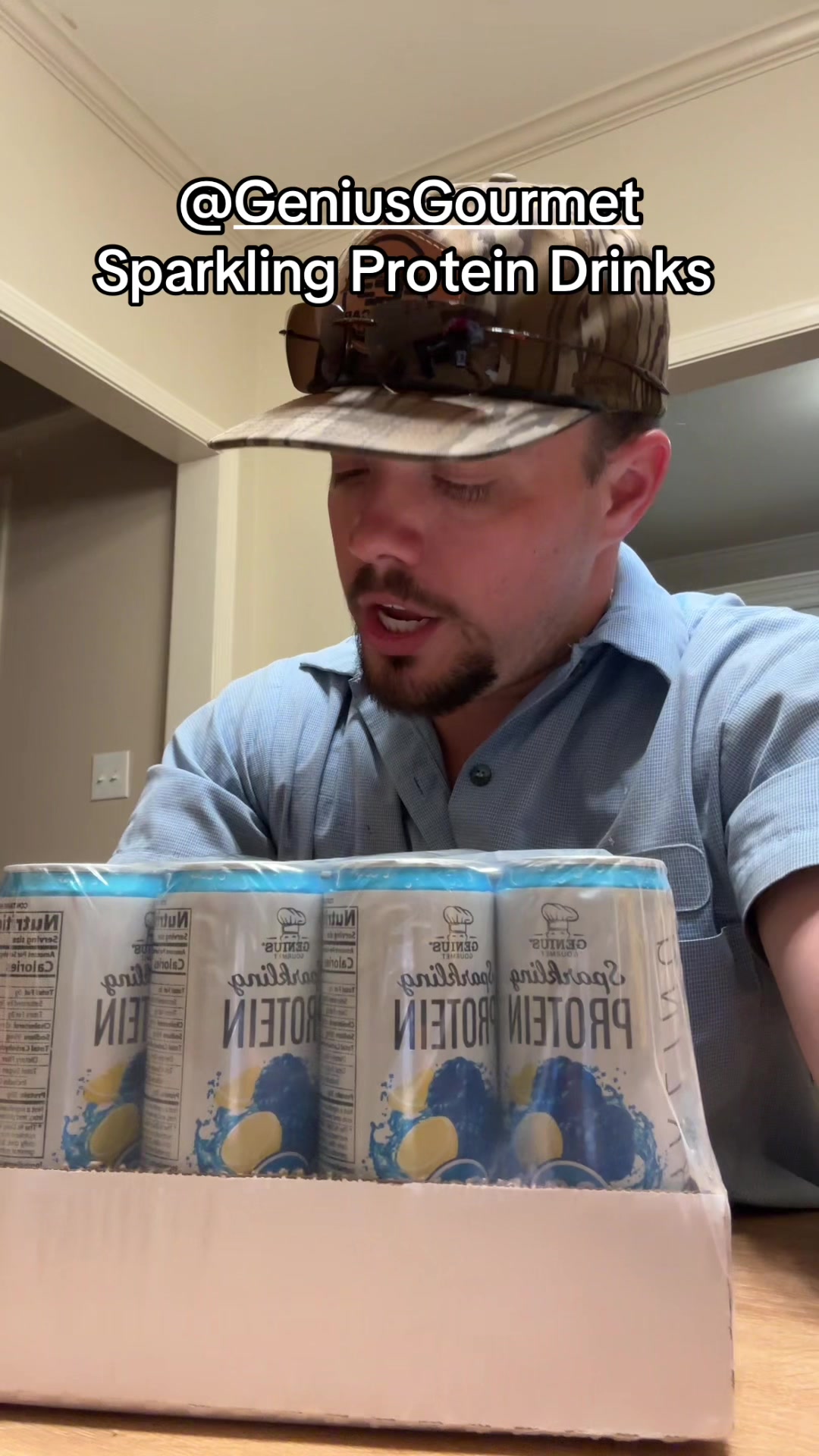 TikTok post by @aaronhorton14 for Genius Gourmet. Caption reads: @Genius Gourmet 30g Sparkling Protein Drinks. Blue....