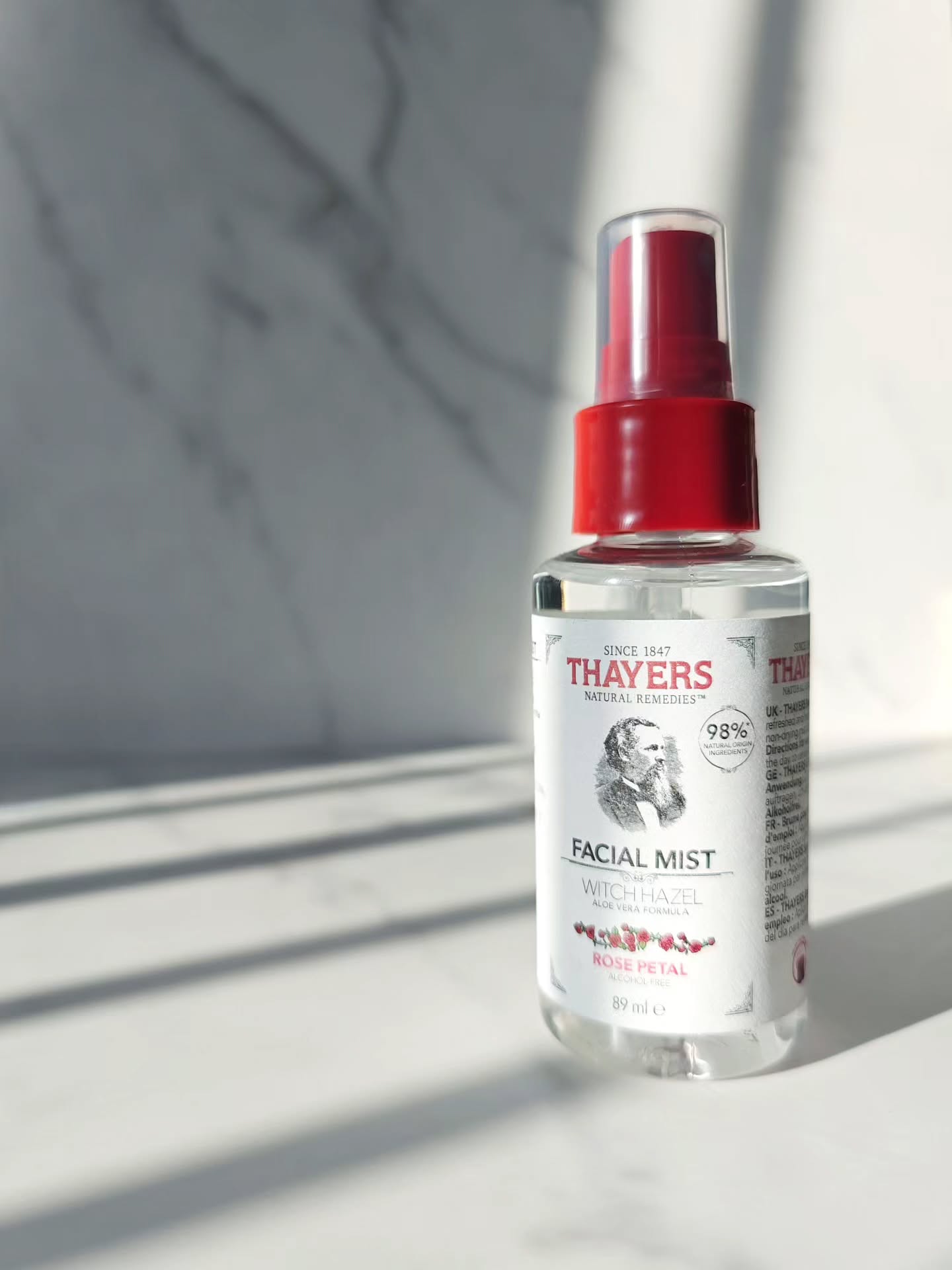 Instagram post by @satiskincare for Thayers. Caption reads: Thayer's Rose Mist has been an essential lately.....