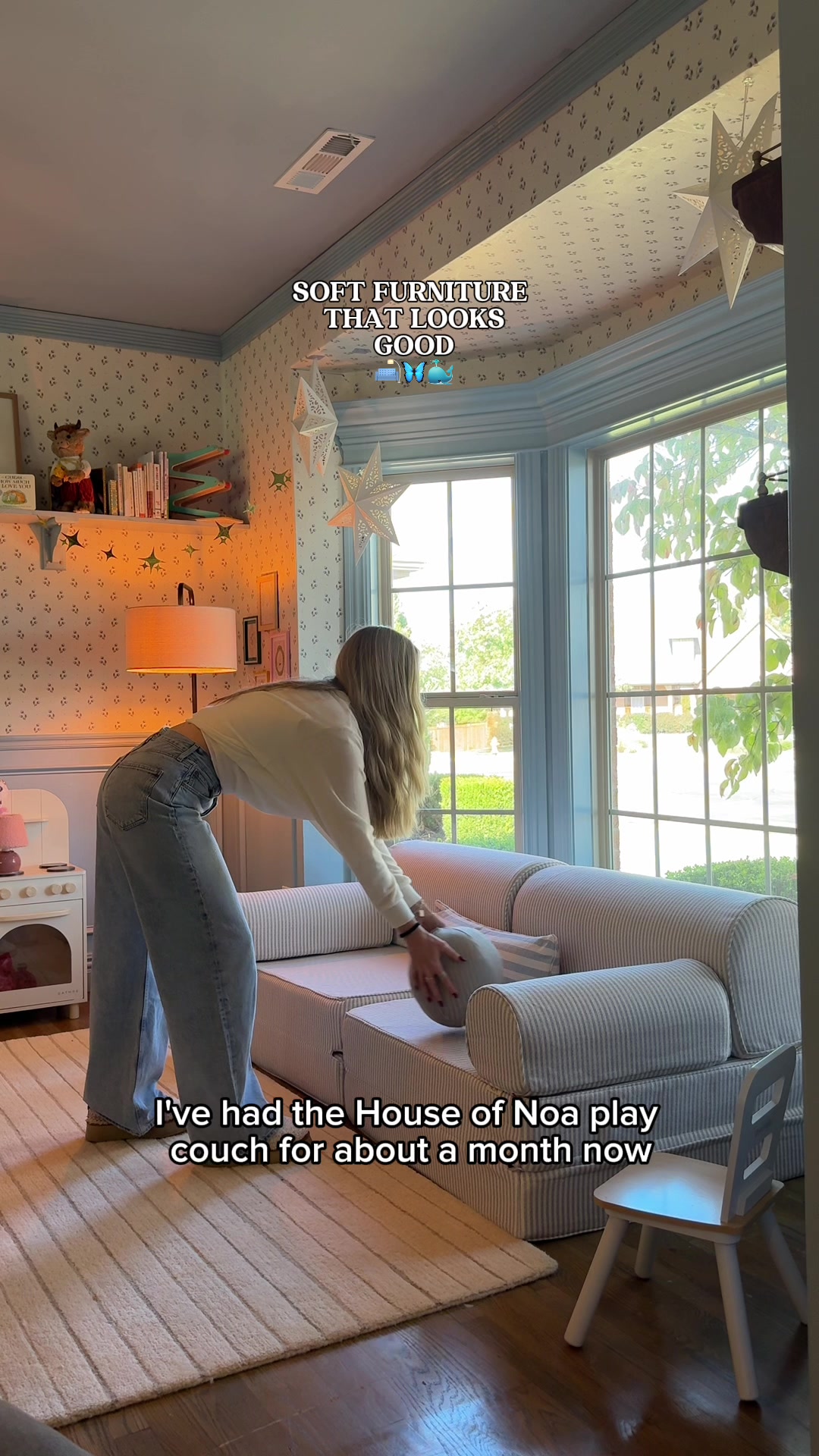 TikTok post by @theclairenecessities for the House of Noa. Caption reads: [...] ✨ the play couch that does both @the House....