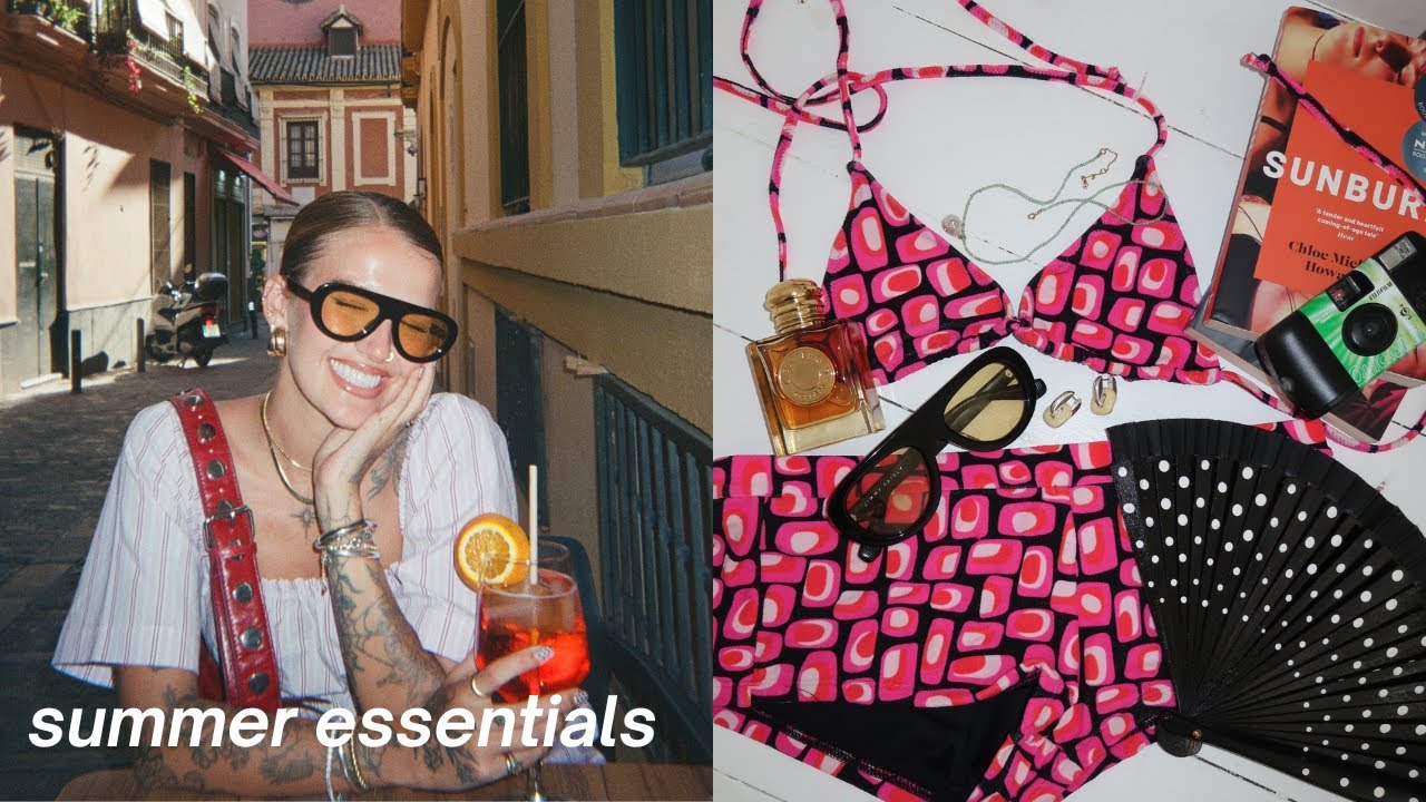 YouTube post by @SophieFloyd for Bright Swimwear. Caption reads: summer essentials: books, jewellery, spf + more.