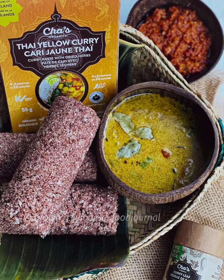 Instagram post by @brown_ceylonese_foodjournal for Cha's Organics. Caption reads: [...] Sambol 🌾 Thai Yellow Curry from....