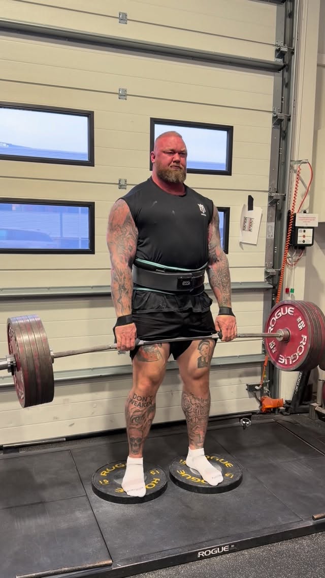 Instagram post by @thorbjornsson for Reign Body Fuel. Caption reads: Paused deficit deadlifts 270kg x 3 reps 3 sets....