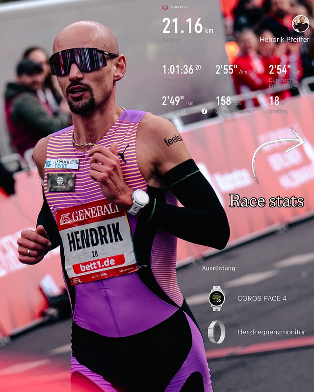 Instagram post by @hendrik_pfeiffer for COROS. Caption reads: Berlin Half race stats powered by *ad @coros_dach....