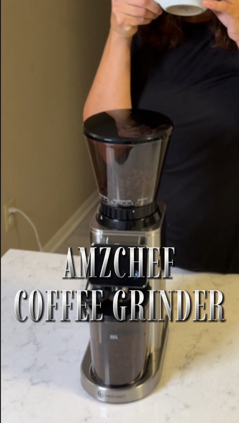 Instagram post by @daisy.diarys for AMZCHEF. Caption reads: ☕ Grind your way to the perfect cup!
Our Burr....