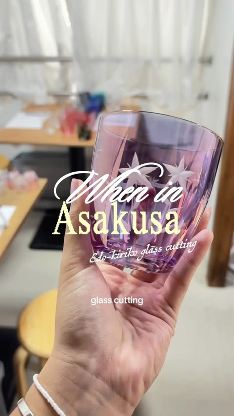 Instagram post by @shairapsdla for GetYourGuide Creator Community. Caption reads: Feeling crafty in Tokyo? Try this glass cutting....