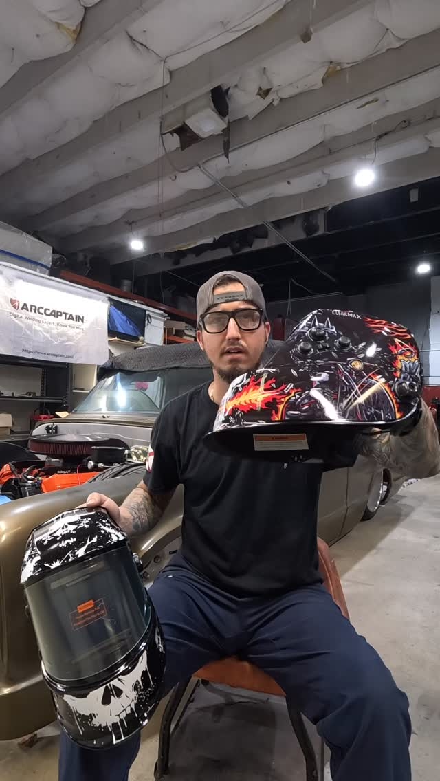 Instagram post by @lowmez for Arccaptain. Caption reads: @arccaptain_welding Auto-darkening Helmet [...].