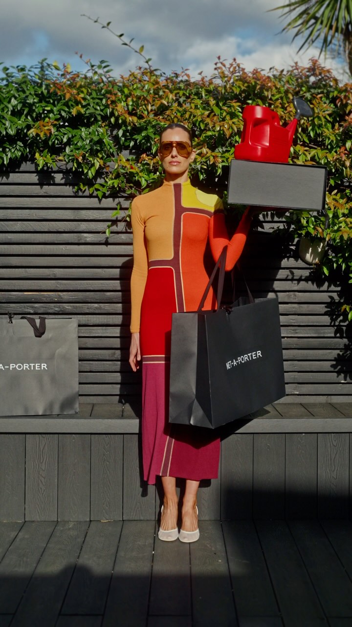 Instagram post by @catarinamira for NET-A-PORTER. Caption reads: NEW SEASON: gardening in designer, ironing in....