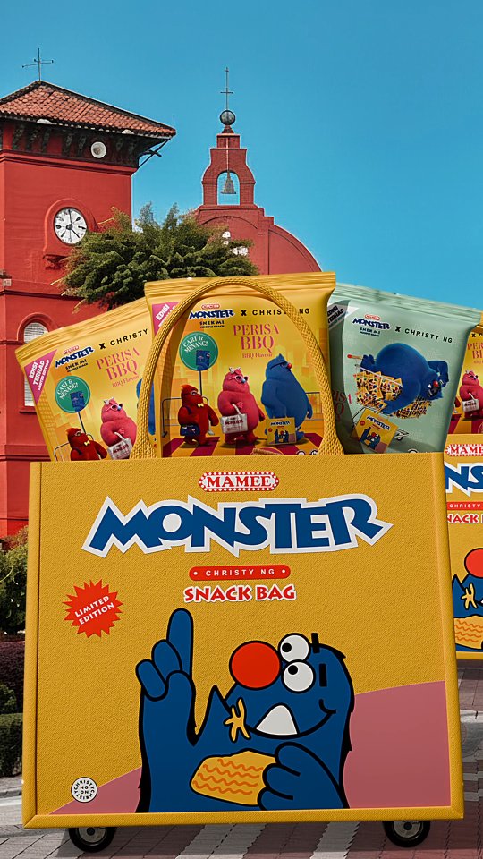 Instagram post by @christyemilylove for Christy Ng. Caption reads: [...] jalan-jalan dengan beg Mamee Monster x....