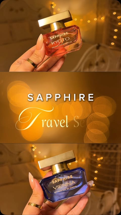 Instagram post by @aylaazahid for Sapphire. Caption reads: Sapphire Travel Series🌴✨ @fragrancesbysapphire....