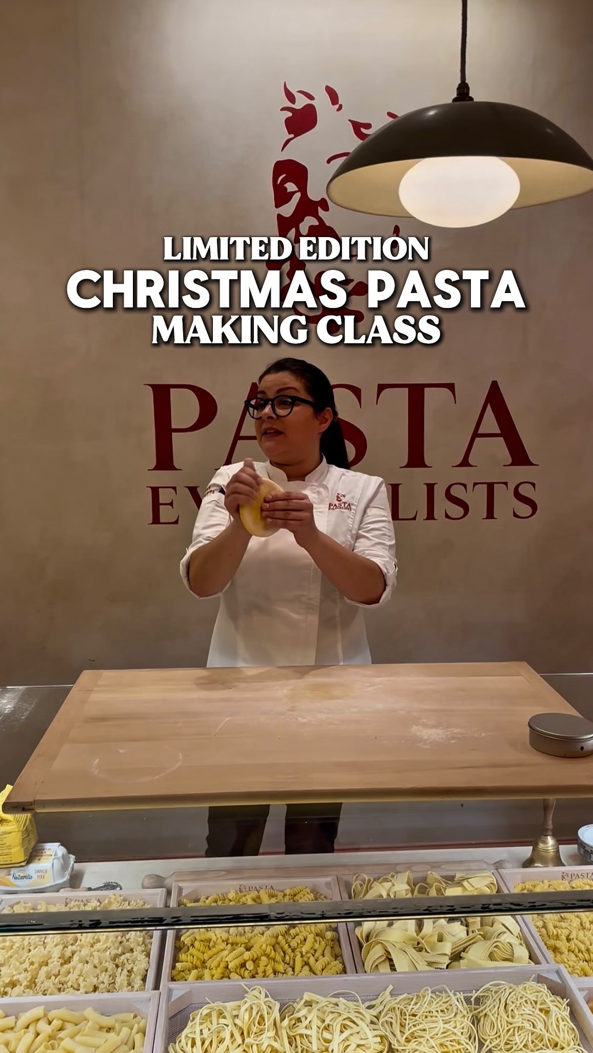 Instagram post by @whatscookin.ldn for Pasta Evangelists. Caption reads: 🎄🍝 (AD) Pasta-making, Prosecco sipping, and....