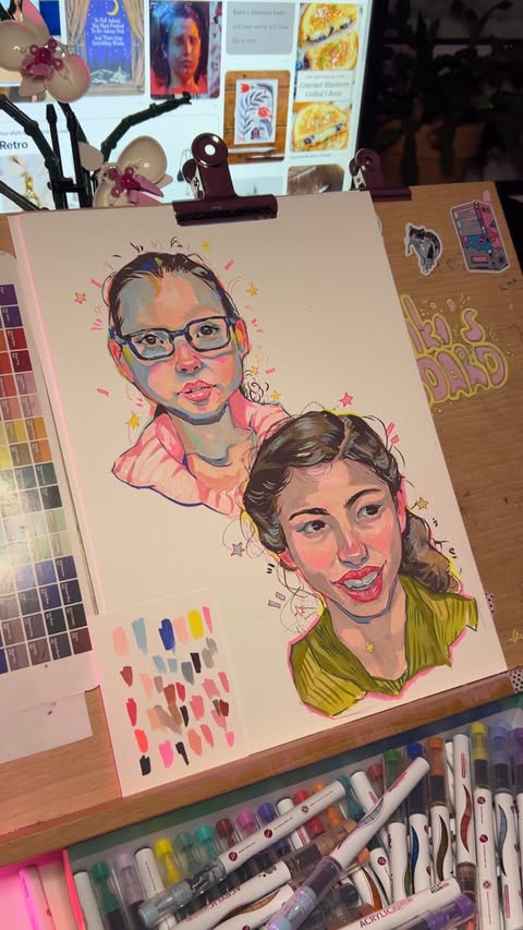 Instagram post by @nikoletardraws for Let’s Resin. Caption reads: Portraits with acrylic markers from @letsresin....