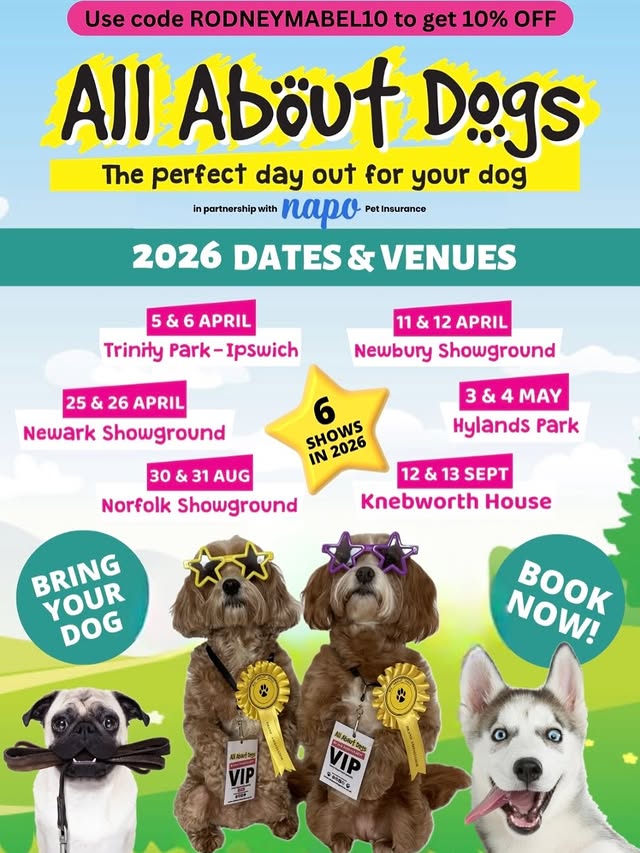 Instagram post by an influencer for All About Dogs Show. Caption reads: [...] for this years @allaboutdogsshow 🎪🥳 A day....