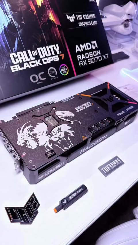 Instagram post by @tech.joulez for ASUS. Caption reads: ASUS TUF Gaming Radeon RX 9070 XT
Black Ops 7....