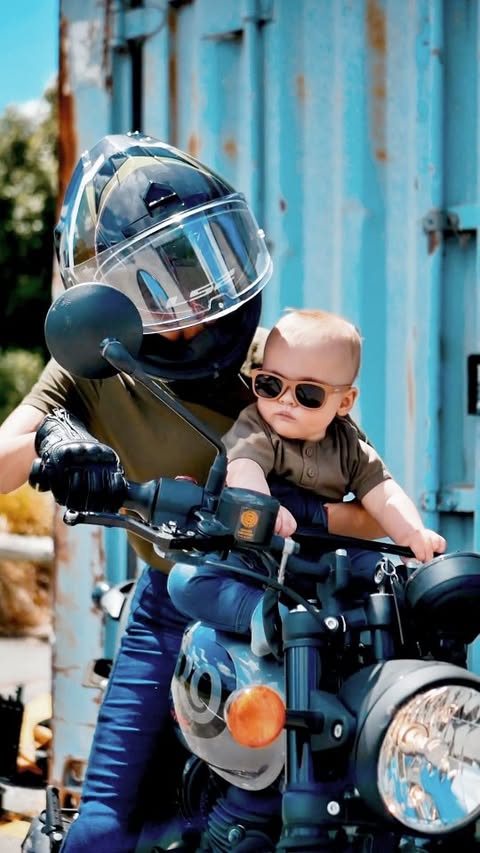 Instagram post by @metier.social for Polarised Baby Sunglasses. Caption reads: Ready to ride, and ready for the sun! 🏍️☀️ Our....