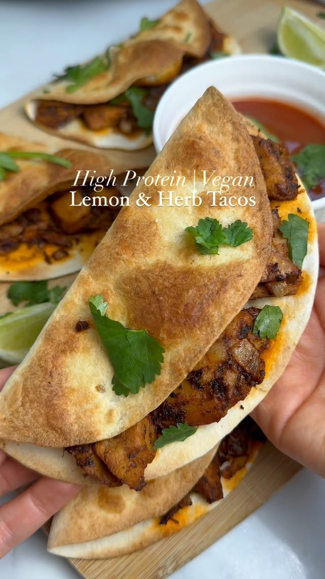 Instagram post by @whatmolly.eats for Planted. Caption reads: Vegan Lemon & Herb Style Tacos🌮 @eatplanted #ad....