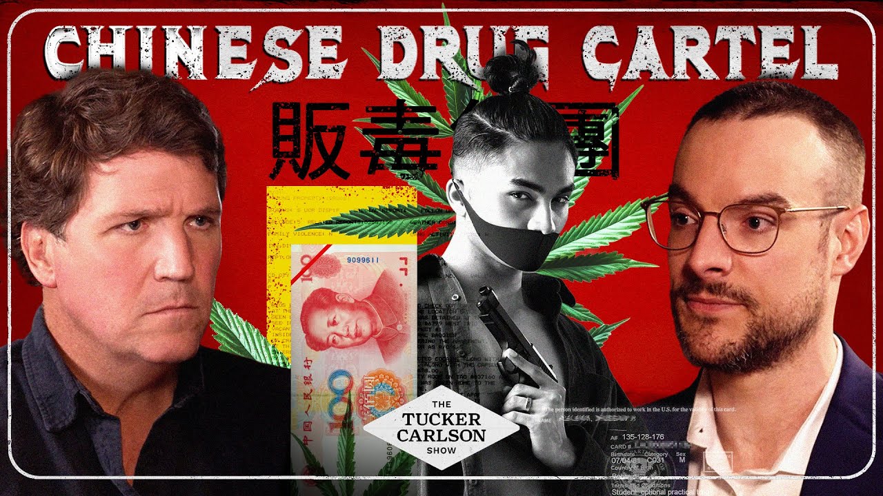 YouTube post by @TuckerCarlson for ExpressVPN. Caption reads: Steve Robinson Exposes the Chinese Mafia’s Drug....